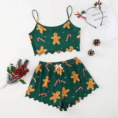 Christmas European And American Thin Pajamas Women's Sleeveless Shorts Milk Silk Simple Casual Two-piece Suit Homewear - www.Shopthatapp.com #