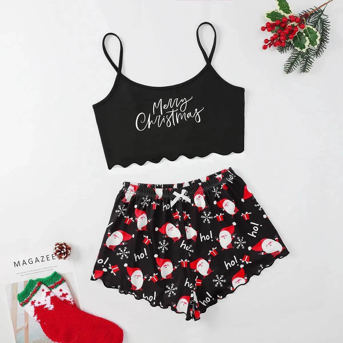 Christmas European And American Thin Pajamas Women's Sleeveless Shorts Milk Silk Simple Casual Two-piece Suit Homewear - www.Shopthatapp.com #