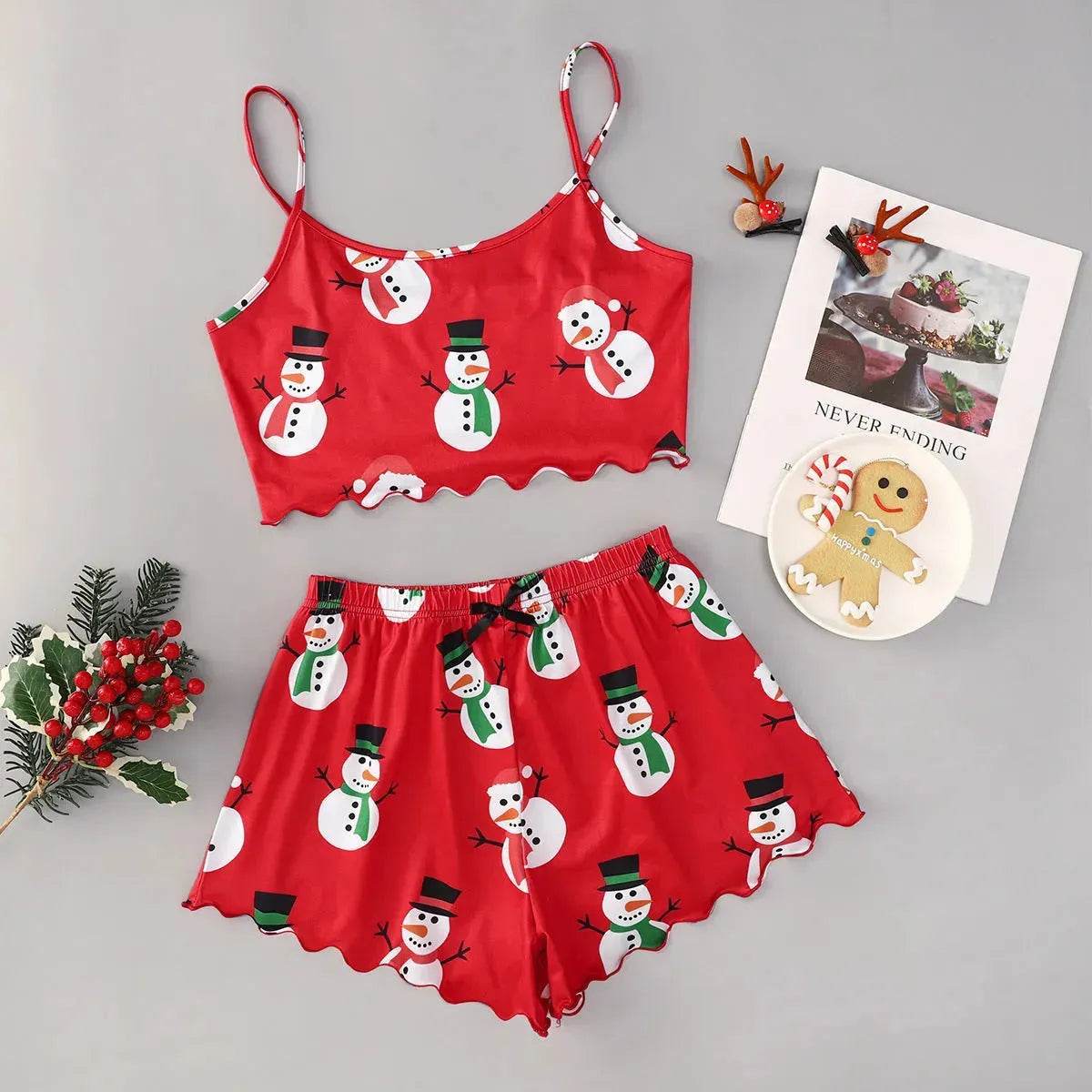 Christmas European And American Thin Pajamas Women's Sleeveless Shorts Milk Silk Simple Casual Two-piece Suit Homewear - www.Shopthatapp.com #