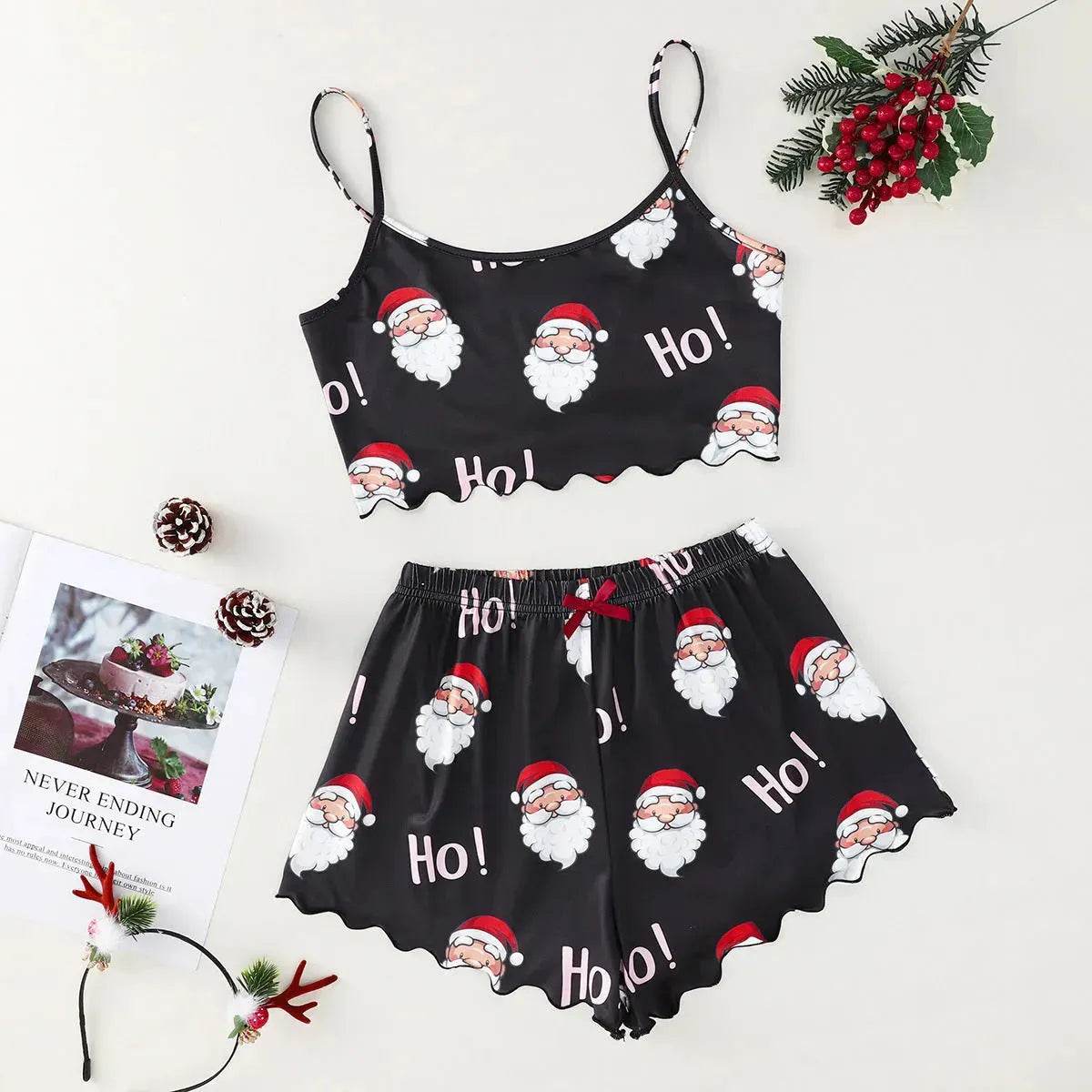 Christmas European And American Thin Pajamas Women's Sleeveless Shorts Milk Silk Simple Casual Two-piece Suit Homewear - www.Shopthatapp.com #