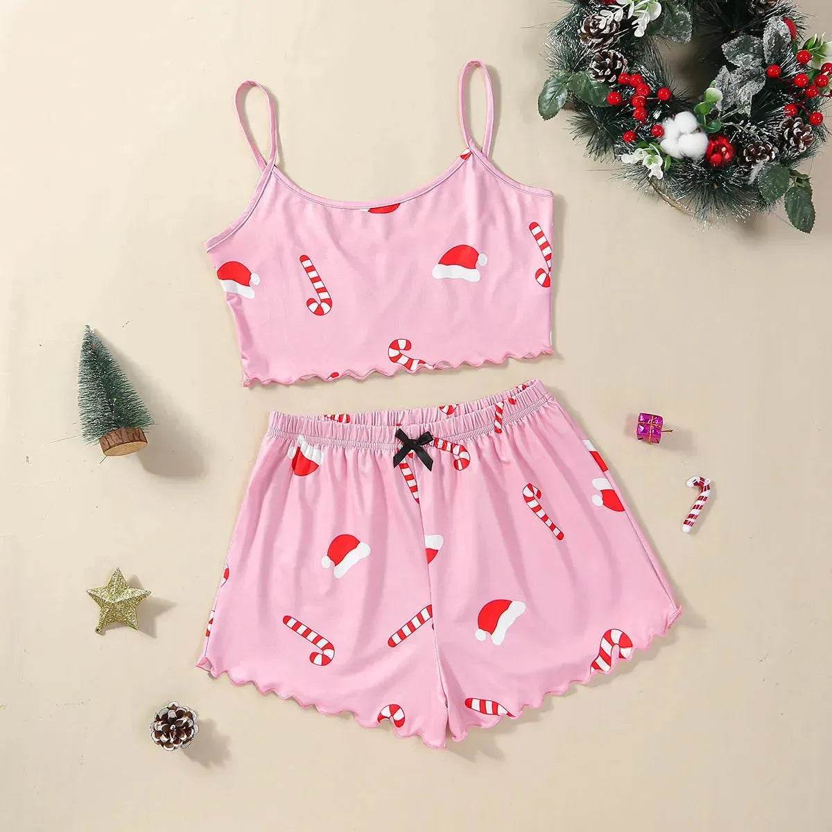 Christmas European And American Thin Pajamas Women's Sleeveless Shorts Milk Silk Simple Casual Two-piece Suit Homewear - www.Shopthatapp.com #