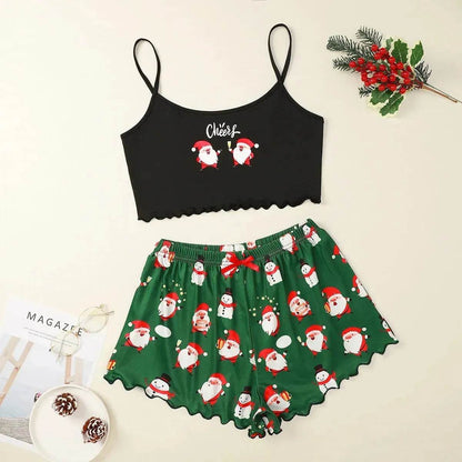 Christmas European And American Thin Pajamas Women's Sleeveless Shorts Milk Silk Simple Casual Two-piece Suit Homewear - www.Shopthatapp.com #