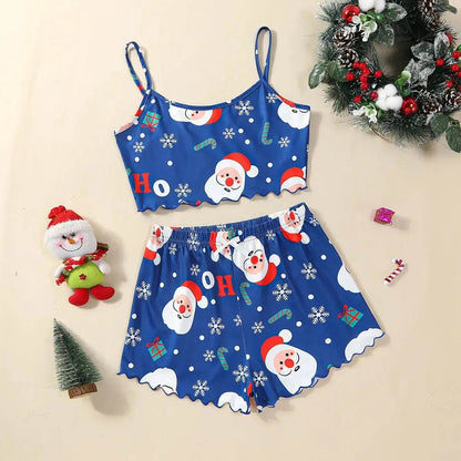 Christmas European And American Thin Pajamas Women's Sleeveless Shorts Milk Silk Simple Casual Two-piece Suit Homewear - www.Shopthatapp.com #