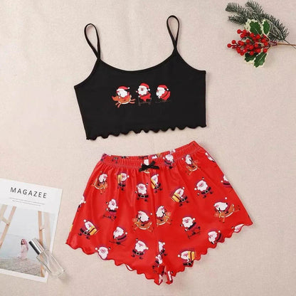 Christmas European And American Thin Pajamas Women's Sleeveless Shorts Milk Silk Simple Casual Two-piece Suit Homewear - www.Shopthatapp.com #