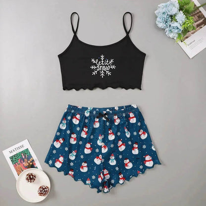 Christmas European And American Thin Pajamas Women's Sleeveless Shorts Milk Silk Simple Casual Two-piece Suit Homewear - www.Shopthatapp.com #