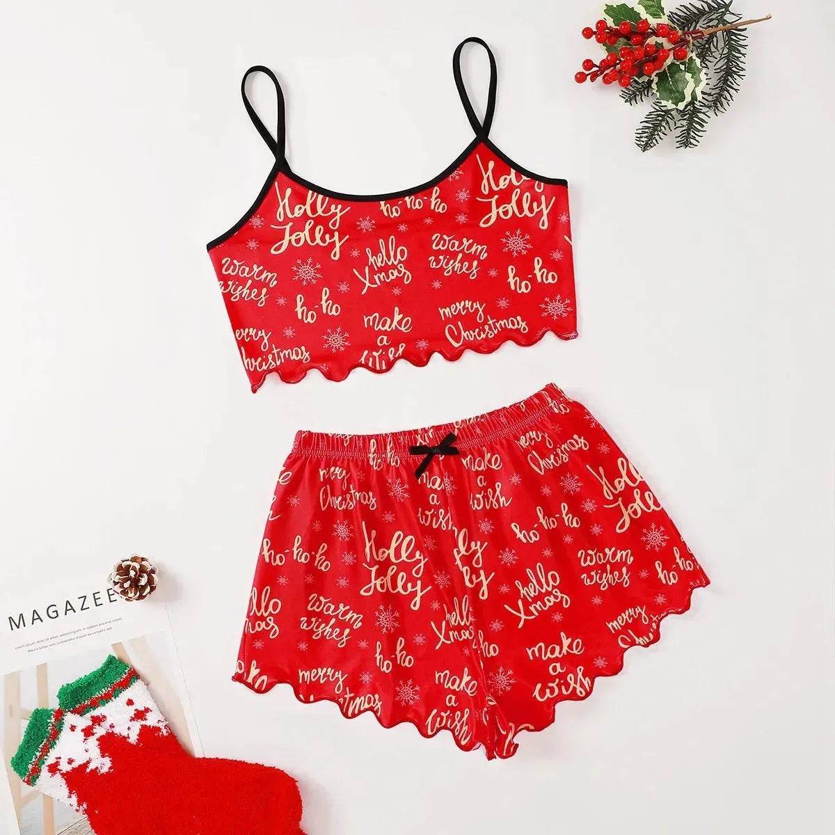 Christmas European And American Thin Pajamas Women's Sleeveless Shorts Milk Silk Simple Casual Two-piece Suit Homewear - www.Shopthatapp.com #
