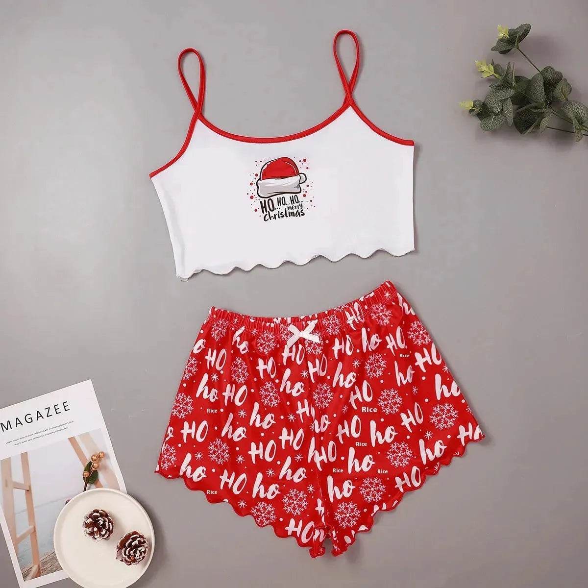 Christmas European And American Thin Pajamas Women's Sleeveless Shorts Milk Silk Simple Casual Two-piece Suit Homewear - www.Shopthatapp.com #