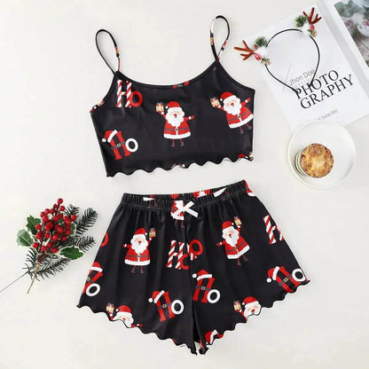 Christmas European And American Thin Pajamas Women's Sleeveless Shorts Milk Silk Simple Casual Two-piece Suit Homewear - www.Shopthatapp.com #