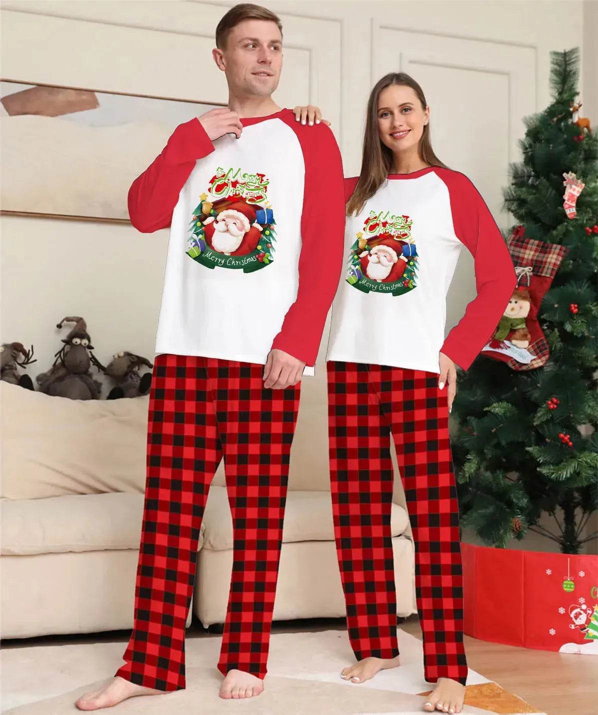 Christmas Parent-Child Clothes Set Long Sleeve T-Shirt Plaid Pants Family Matching Pajamas - www.Shopthatapp.com #