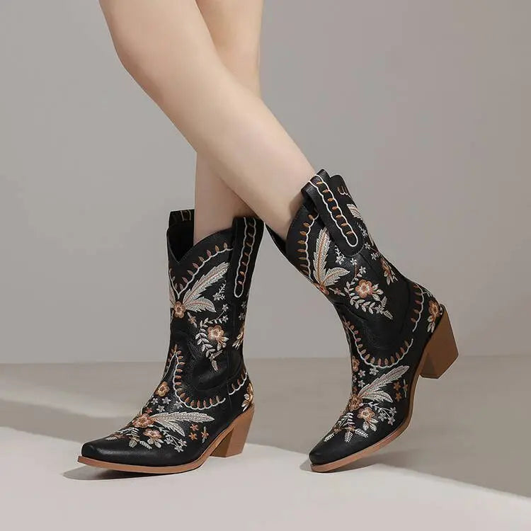 Chunky Heel Embroidery Knee-high Cowboy Boots - www.Shopthatapp.com