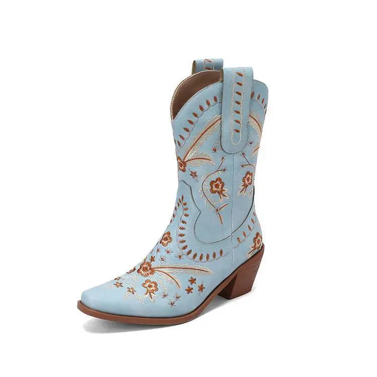 Chunky Heel Embroidery Knee-high Cowboy Boots - www.Shopthatapp.com