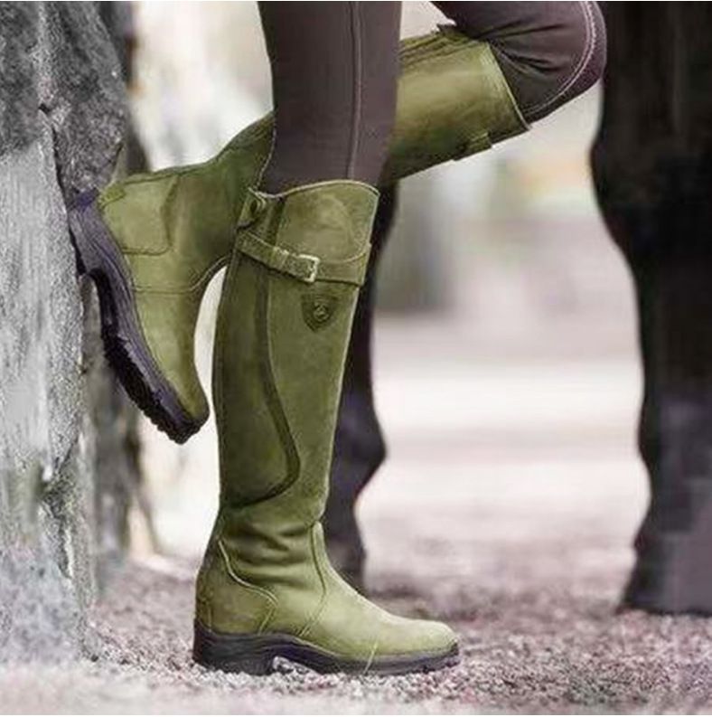 Classic Fashion Riding Western Boots Winter Knee Buckle Boots High Block Heel Round Toe Shoes For Women - www.Shopthatapp.com
