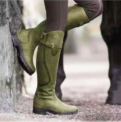 Classic Fashion Riding Western Boots Winter Knee Buckle Boots High Block Heel Round Toe Shoes For Women - www.Shopthatapp.com