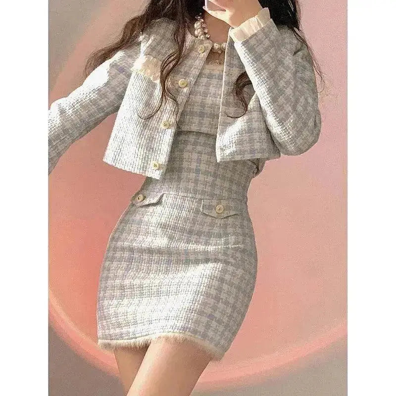 Classic Style Two piece, sleeve jacket Blue White Adult Lady Like Woman Dress Suit Elegant Outfit