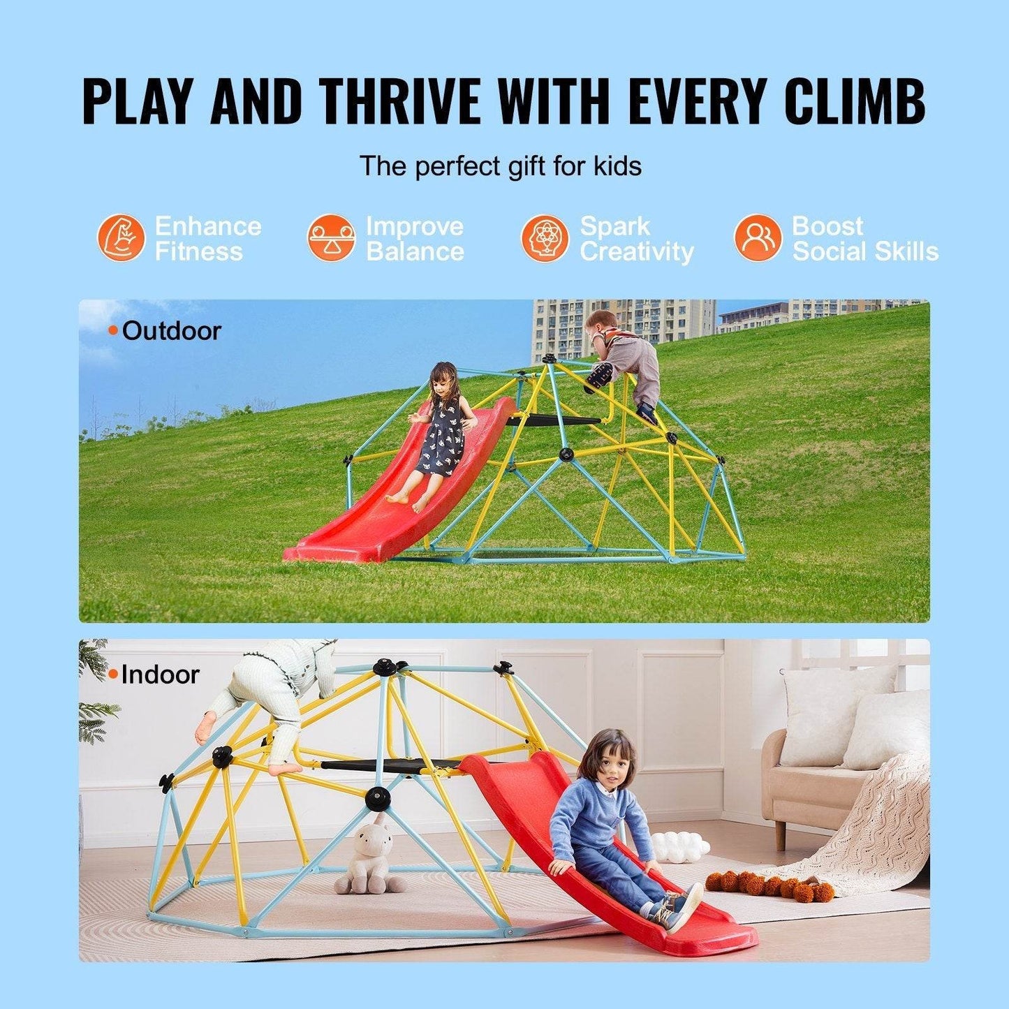 Climbing Dome, For Kids 3 To 9 Years Old, 8FT Geometric Dome Climber With Slide,Jungle Gym Supports 600LBS And Easy Assembly, With Climbing Grip, Outdoor And Indoor Play Equipment For Kids - www.Shopthatapp.com #