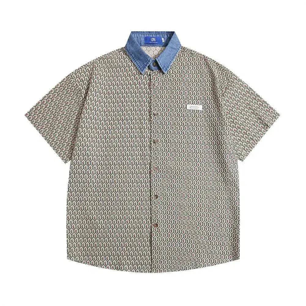 Color Contrast Patchwork Lapel Plaid Casual Short-sleeved Shirt - www.Shopthatapp.com #