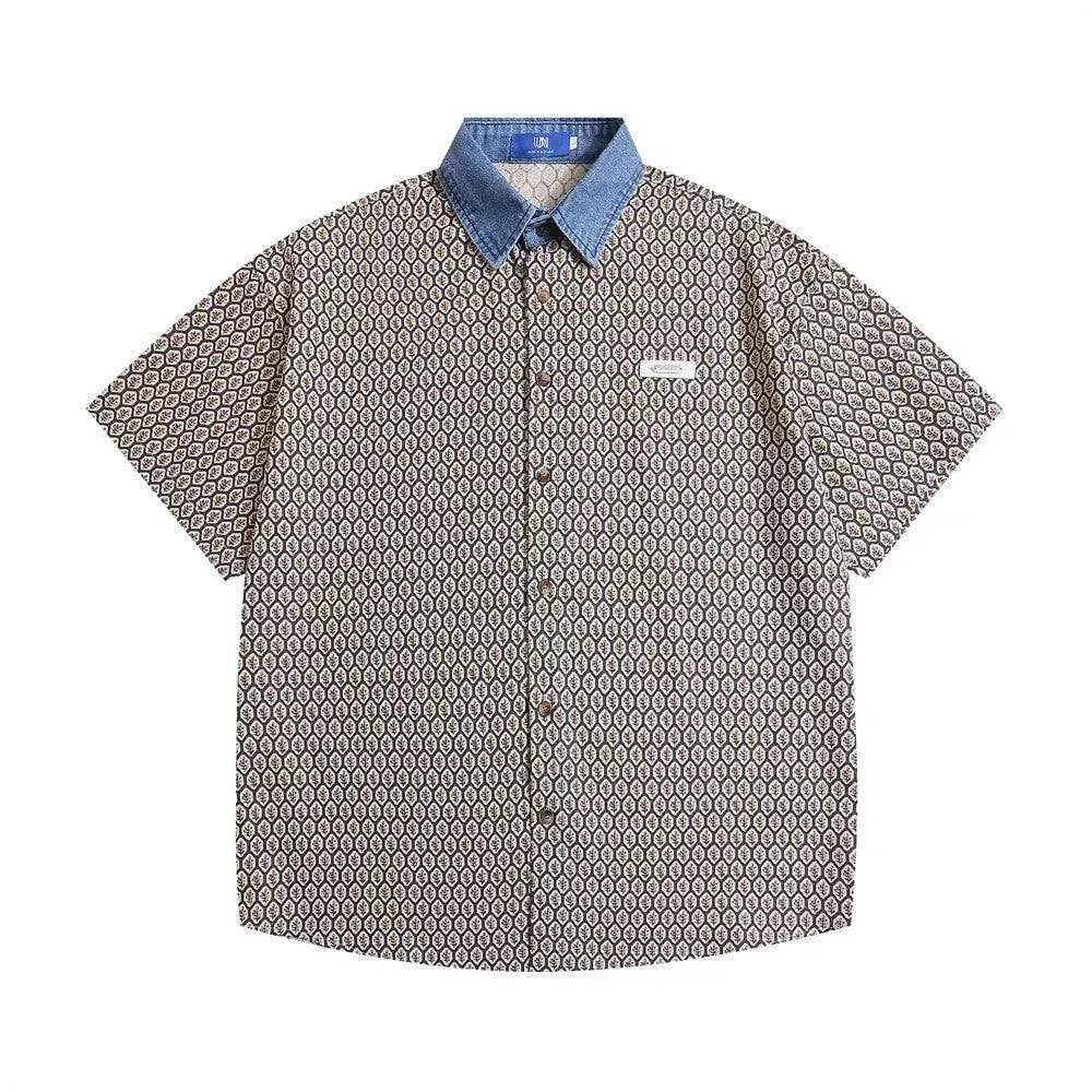 Color Contrast Patchwork Lapel Plaid Casual Short-sleeved Shirt - www.Shopthatapp.com #