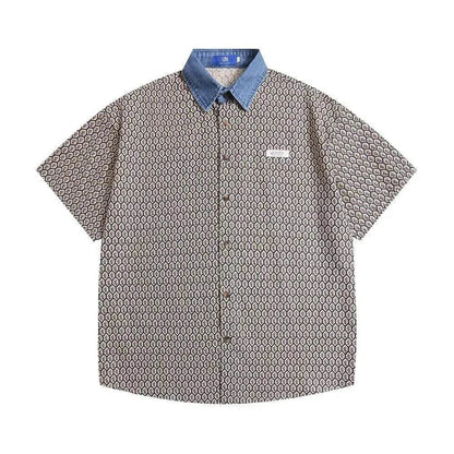 Color Contrast Patchwork Lapel Plaid Casual Short-sleeved Shirt - www.Shopthatapp.com #