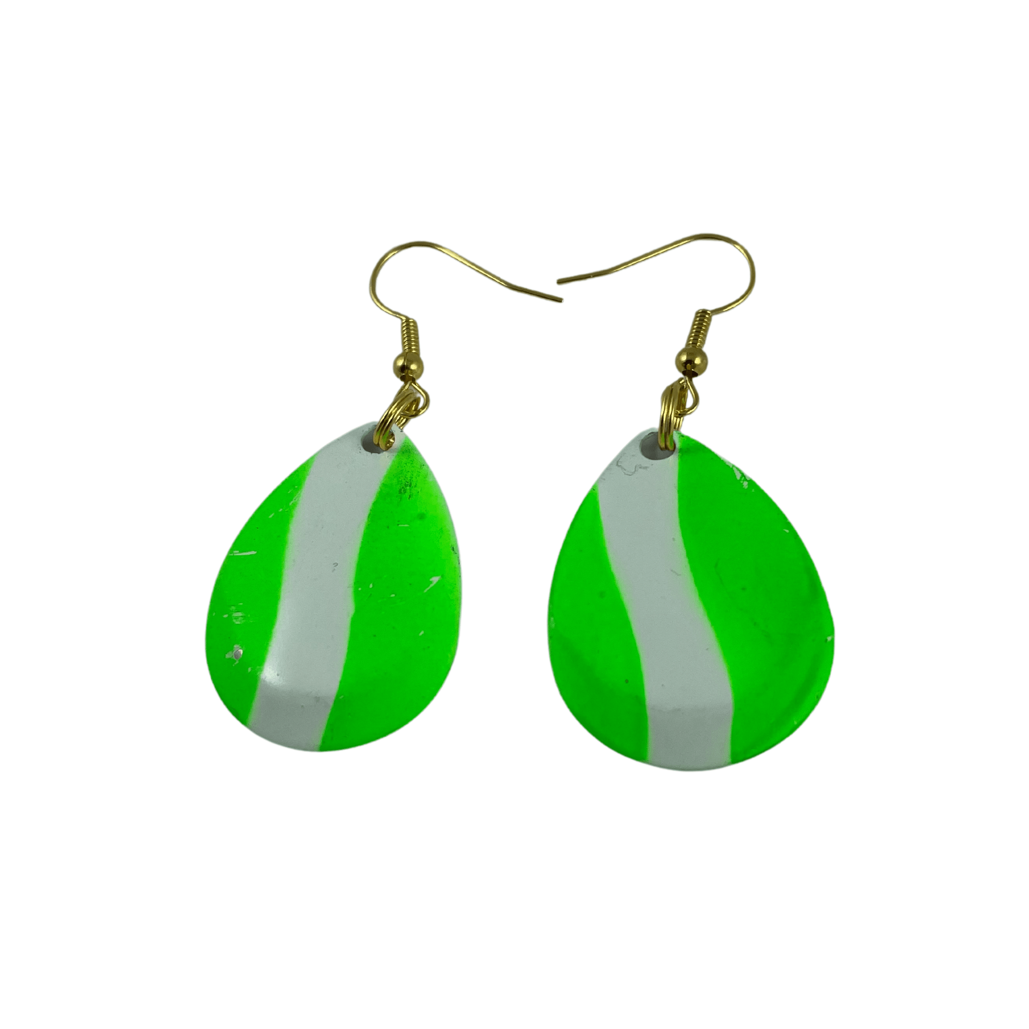 Colorado Deep Cup Green White Striped Spinner Blade Earrings - www.Shopthatapp.com