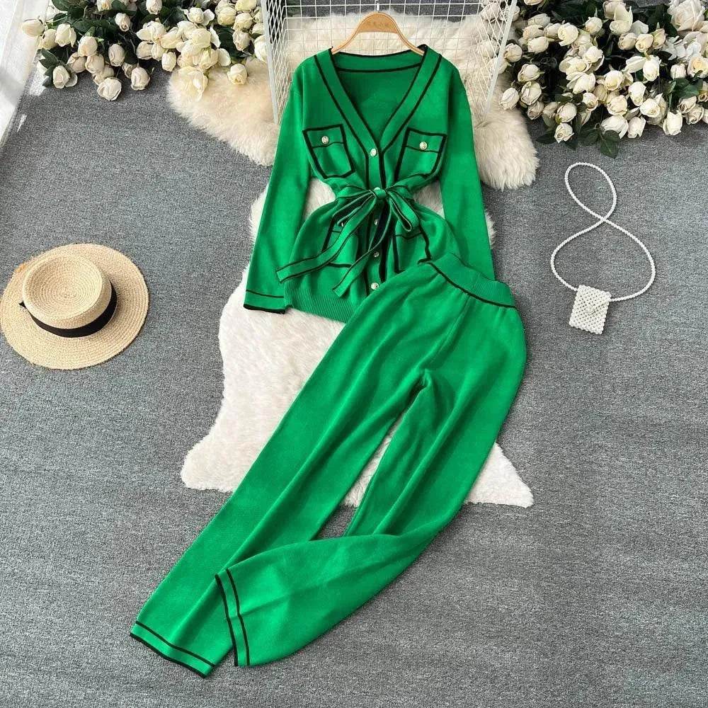 Contrast Color Suit Women's Long Sleeve V-neck Lace-up Knitwear Draping Wide Leg Trousers Two-piece Set - www.Shopthatapp.com
