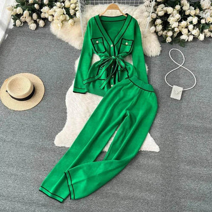 Contrast Color Suit Women's Long Sleeve V-neck Lace-up Knitwear Draping Wide Leg Trousers Two-piece Set - www.Shopthatapp.com