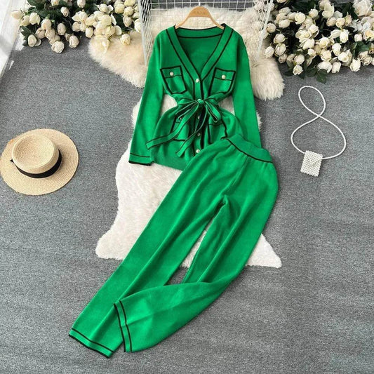 Contrast Color Suit Women's Long Sleeve V-neck Lace-up Knitwear Draping Wide Leg Trousers Two-piece Set - www.Shopthatapp.com