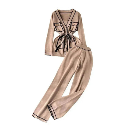 Contrast Color Suit Women's Long Sleeve V-neck Lace-up Knitwear Draping Wide Leg Trousers Two-piece Set - www.Shopthatapp.com