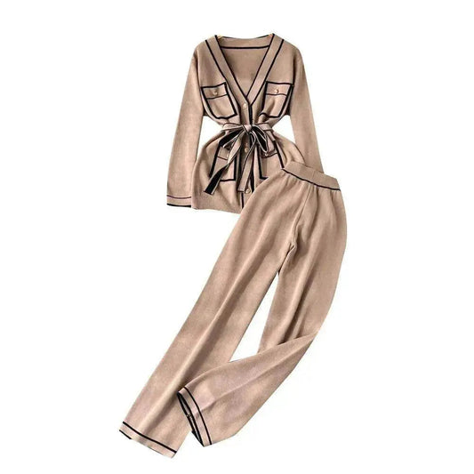 Contrast Color Suit Women's Long Sleeve V-neck Lace-up Knitwear Draping Wide Leg Trousers Two-piece Set - www.Shopthatapp.com