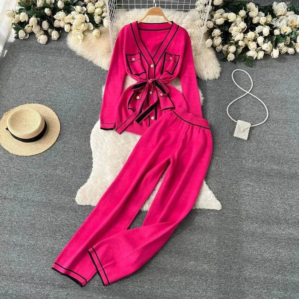Contrast Color Suit Women's Long Sleeve V-neck Lace-up Knitwear Draping Wide Leg Trousers Two-piece Set - www.Shopthatapp.com