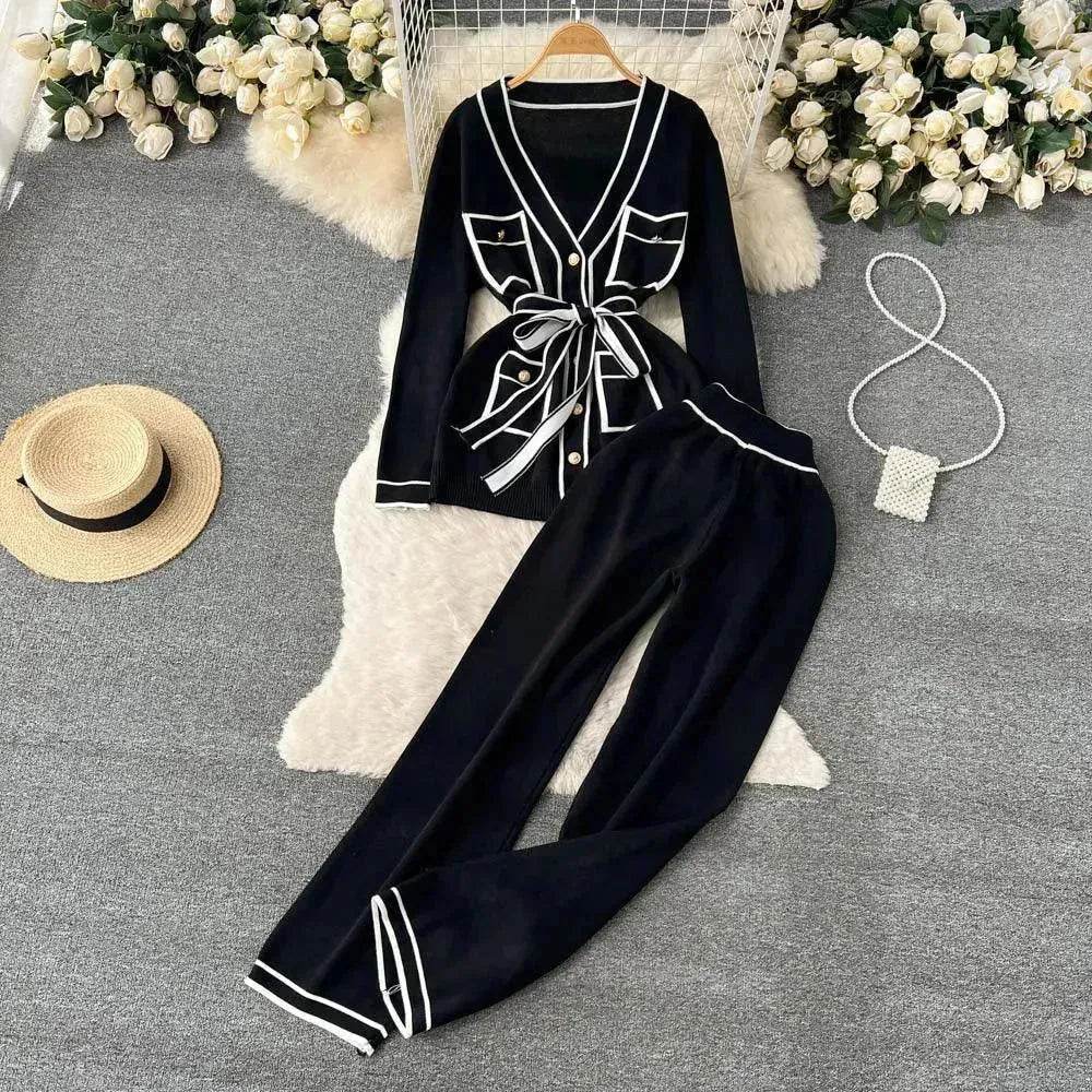 Contrast Color Suit Women's Long Sleeve V-neck Lace-up Knitwear Draping Wide Leg Trousers Two-piece Set - www.Shopthatapp.com