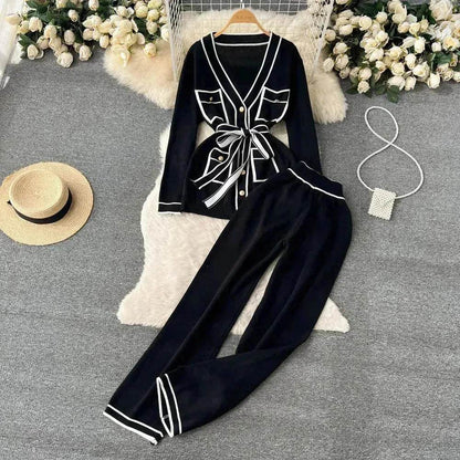 Contrast Color Suit Women's Long Sleeve V-neck Lace-up Knitwear Draping Wide Leg Trousers Two-piece Set - www.Shopthatapp.com