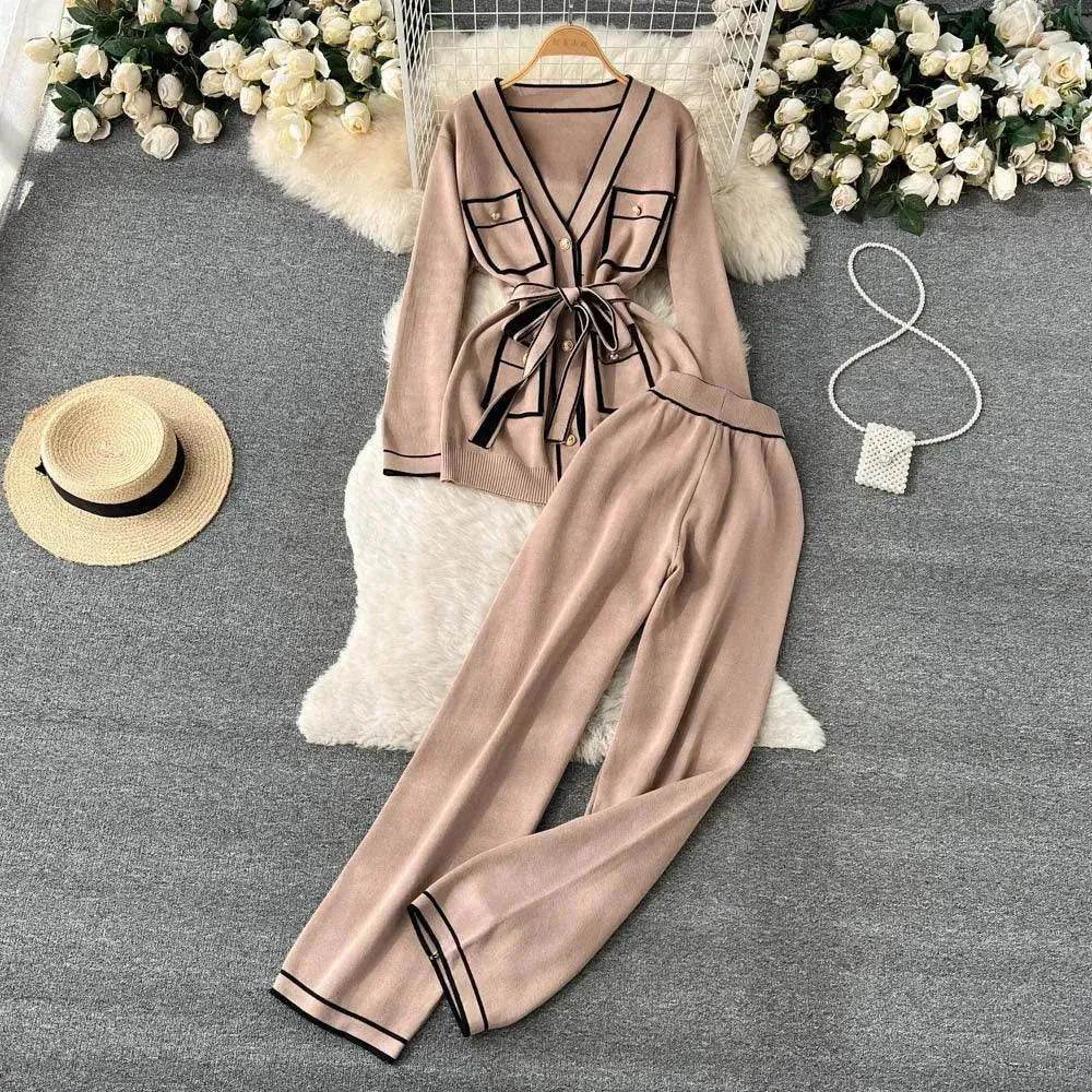 Contrast Color Suit Women's Long Sleeve V-neck Lace-up Knitwear Draping Wide Leg Trousers Two-piece Set - www.Shopthatapp.com