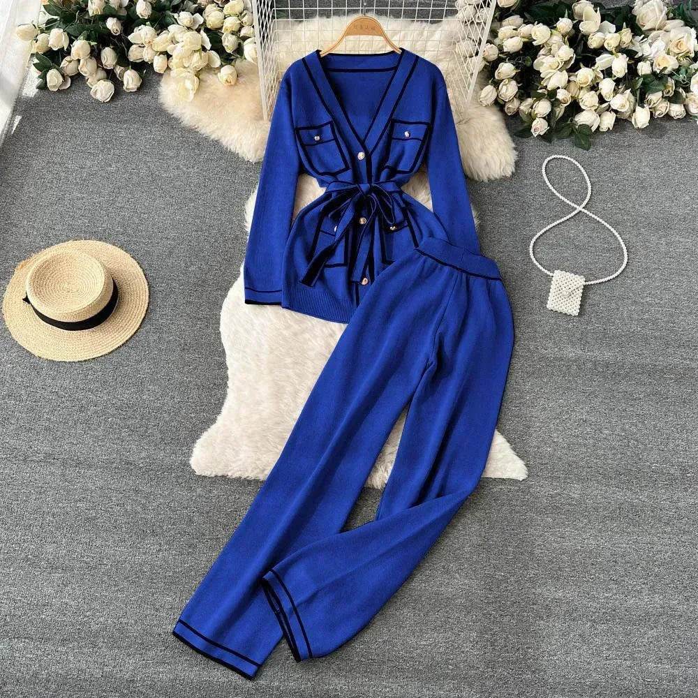 Contrast Color Suit Women's Long Sleeve V-neck Lace-up Knitwear Draping Wide Leg Trousers Two-piece Set - www.Shopthatapp.com