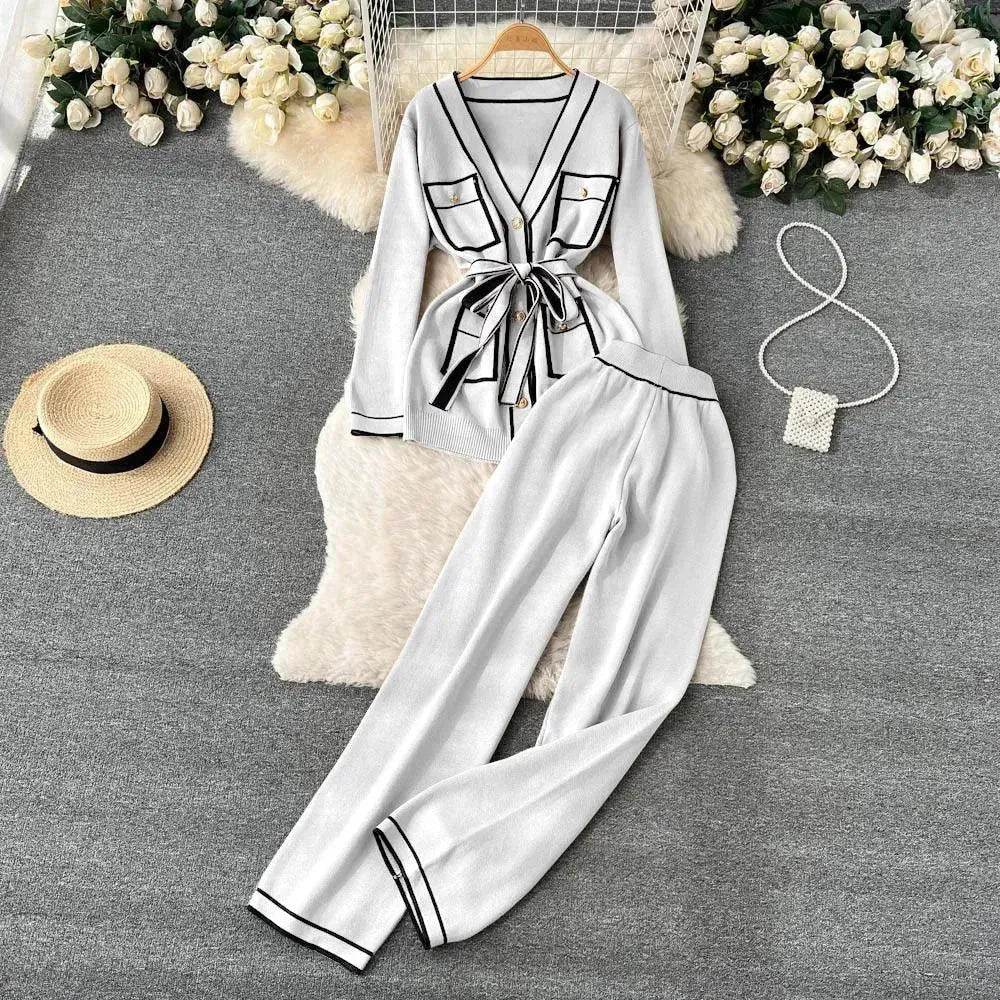 Contrast Color Suit Women's Long Sleeve V-neck Lace-up Knitwear Draping Wide Leg Trousers Two-piece Set - www.Shopthatapp.com