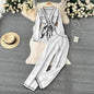 Contrast Color Suit Women's Long Sleeve V-neck Lace-up Knitwear Draping Wide Leg Trousers Two-piece Set - www.Shopthatapp.com