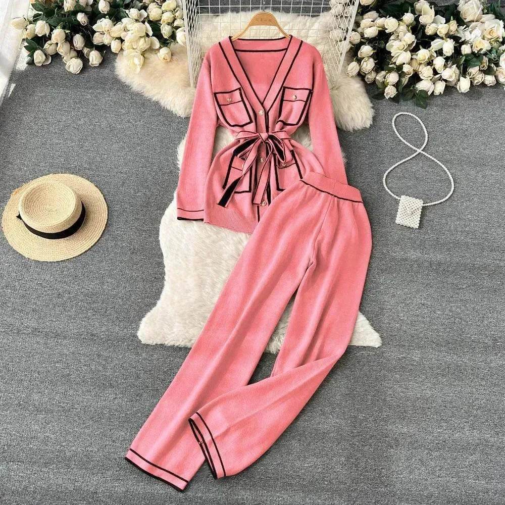 Contrast Color Suit Women's Long Sleeve V-neck Lace-up Knitwear Draping Wide Leg Trousers Two-piece Set - www.Shopthatapp.com