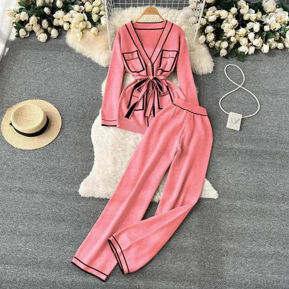 Contrast Color Suit Women's Long Sleeve V-neck Lace-up Knitwear Draping Wide Leg Trousers Two-piece Set - www.Shopthatapp.com