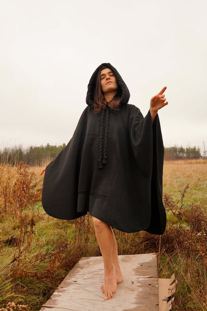 Cotton Hooded Black Cape