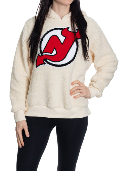 New Jersey Devils Ladies Sherpa Hoodie with Premium Chenille Logo - www.Shopthatapp.com