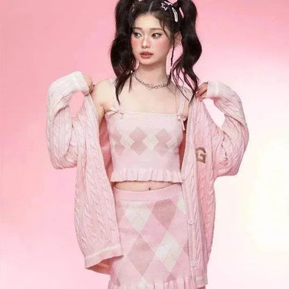 Diamond Vest Spaghetti Straps Knitted Cardigan Coat Three-piece Set - www.Shopthatapp.com