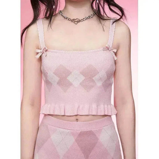 Diamond Vest Spaghetti Straps Knitted Cardigan Coat Three-piece Set - www.Shopthatapp.com