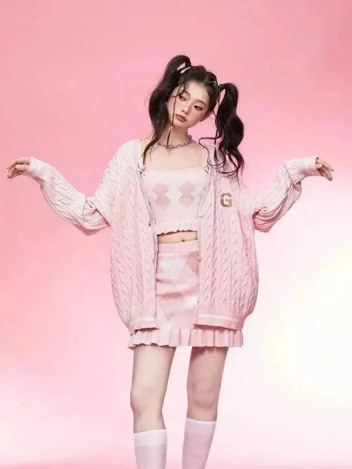 Diamond Vest Spaghetti Straps Knitted Cardigan Coat Three-piece Set - www.Shopthatapp.com