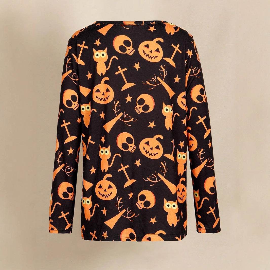 Digital Printing Halloween Round Neck Long Sleeve Plus Size T-shirt - www.Shopthatapp.com #