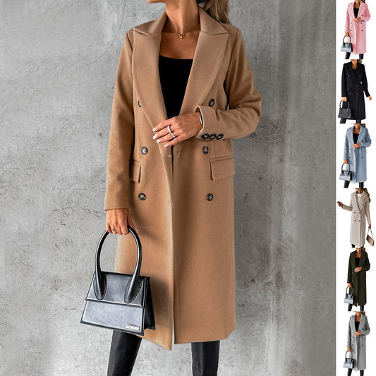 Double Breasted Lapel Coat Winter Fashion Solid Slim Long Jacket Long Sleeve Tops Womens Clothing - www.Shopthatapp.com