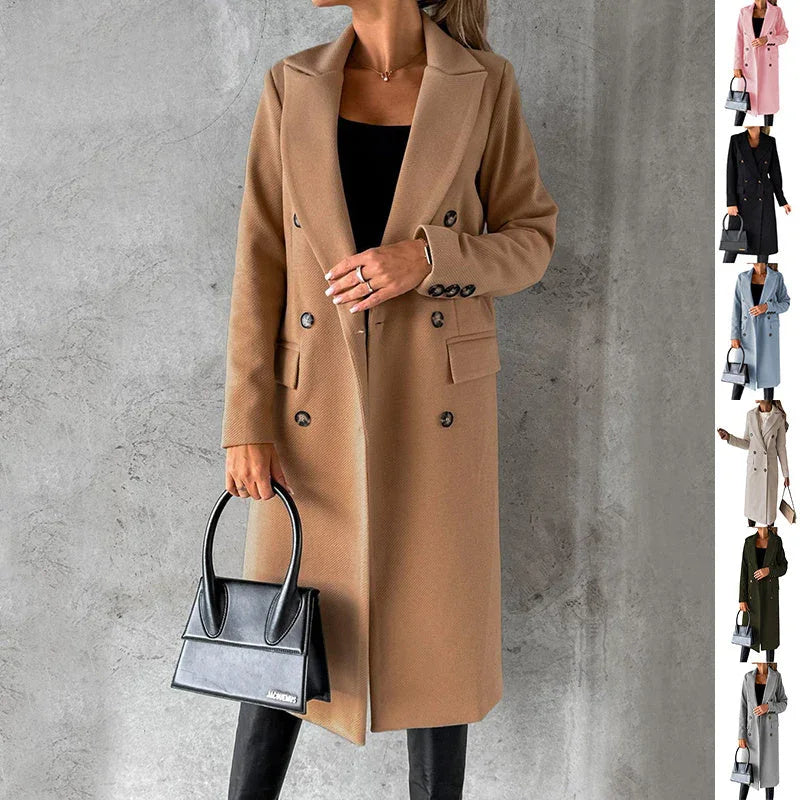 Double Breasted Lapel Coat Winter Fashion Solid Slim Long Jacket Long Sleeve Tops Womens Clothing - www.Shopthatapp.com