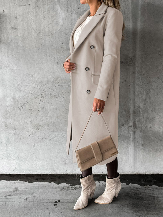 Double Breasted Lapel Coat Winter Fashion Solid Slim Long Jacket Long Sleeve Tops Womens Clothing - www.Shopthatapp.com