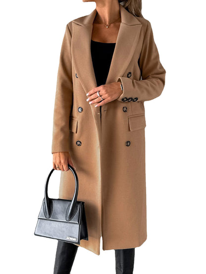 Double Breasted Lapel Coat Winter Fashion Solid Slim Long Jacket Long Sleeve Tops Womens Clothing - www.Shopthatapp.com