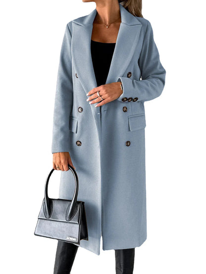 Double Breasted Lapel Coat Winter Fashion Solid Slim Long Jacket Long Sleeve Tops Womens Clothing - www.Shopthatapp.com