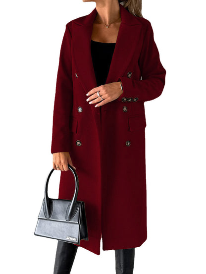 Double Breasted Lapel Coat Winter Fashion Solid Slim Long Jacket Long Sleeve Tops Womens Clothing - www.Shopthatapp.com