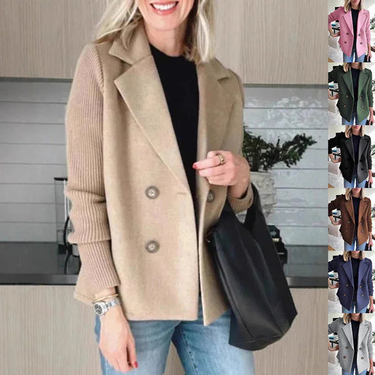 Double Breasted Lapel Jacket Fashion Knitted Sleeves Splicing Design Coat Outerwear - www.Shopthatapp.com